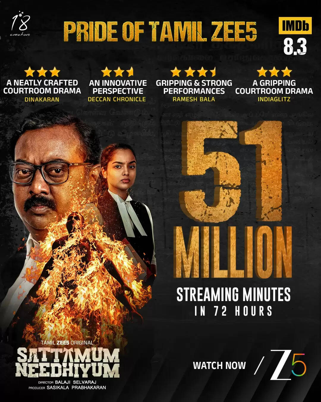 ZEE5’s Tamil courtroom drama Sattamum Neethiyum smashes records with 51 Million streams in just 72 hours!
