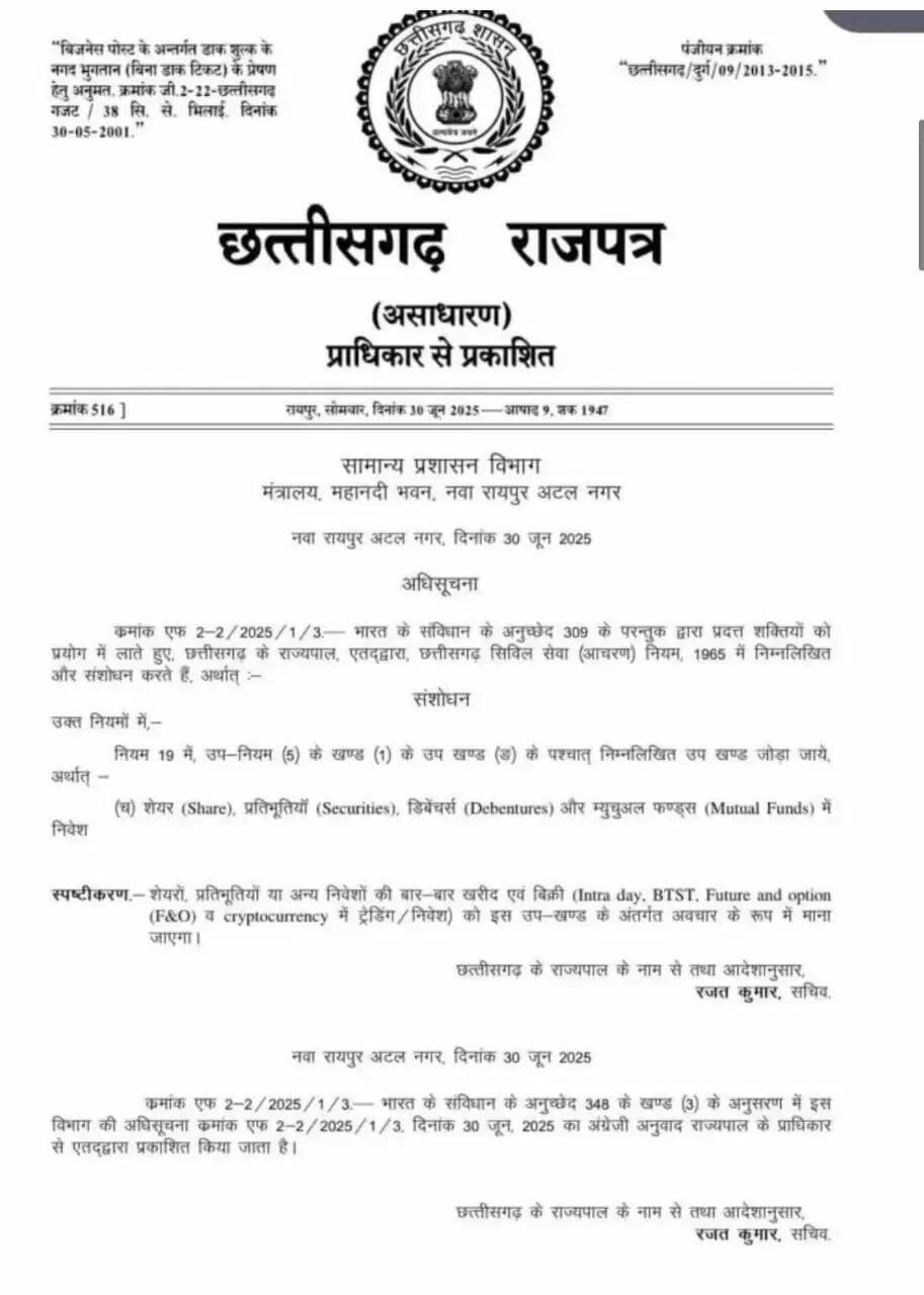 CG News: सरकारी कर्मचारियों को शेयर व म्युचुअल फंड में निवेश की रहेगी अनुमति, इंट्राडे ट्रेडिंग पर रोक